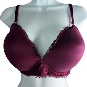 Victoria's Secret Bra 38DD Burgundy Plunge Padded Lace Trim Wireless Feminine